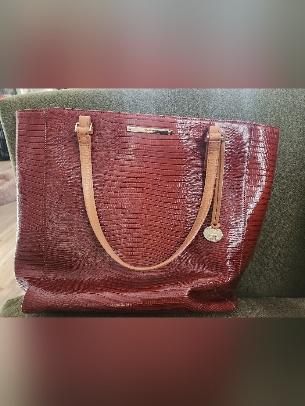 Brahmin Leather Lizard-Embossed Burgundy Tote